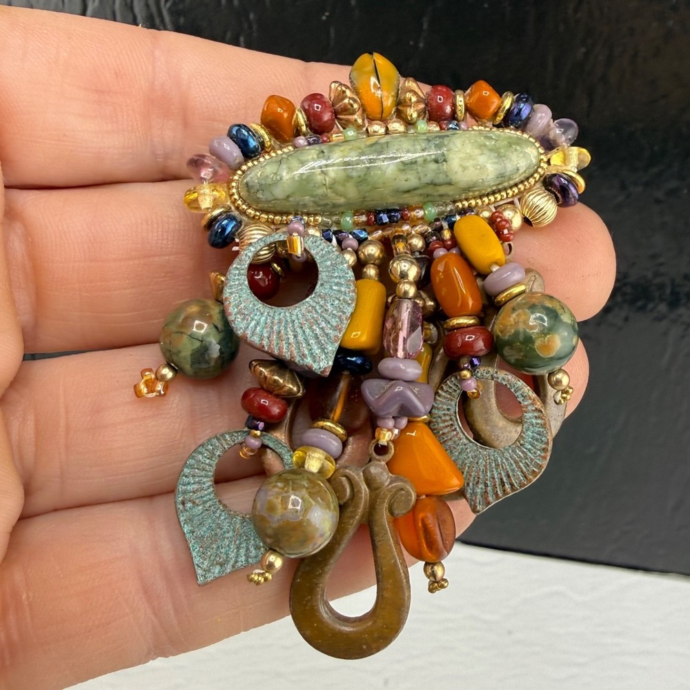 Vintage Chipita Brooch Charms Boho Dangle Multi-color Beaded Signed